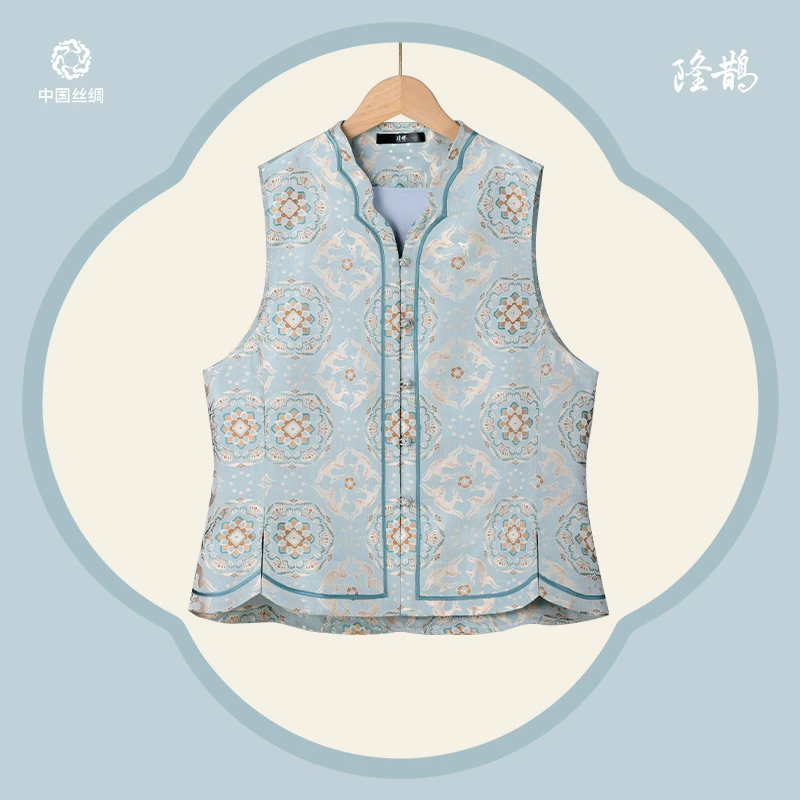 中国丝绸隆鹊『钱小萍 宝花奔鹿』宋锦花瓣领马甲新中式国风女装