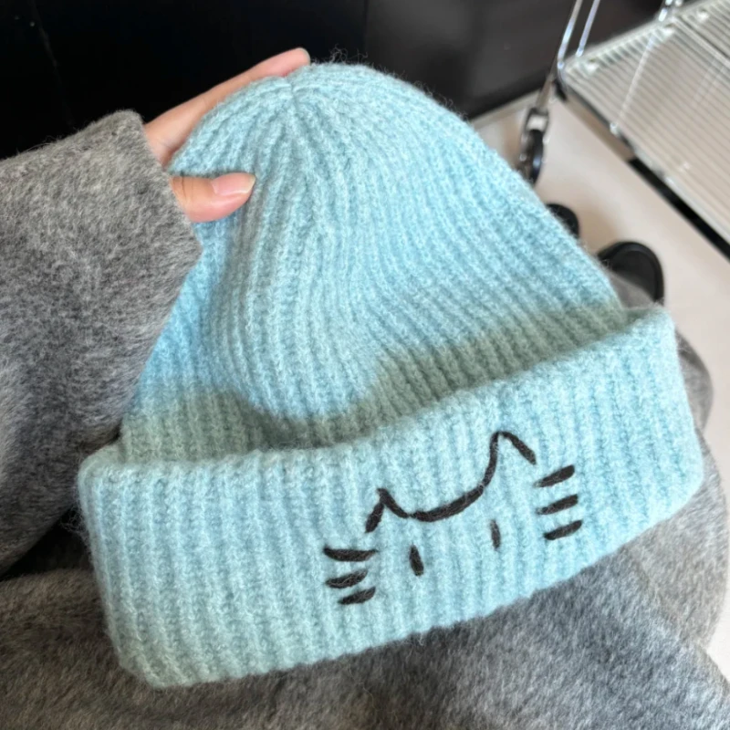 呆萌小猫~韩系刺绣针织帽女大头围2025秋冬款素颜百搭卷边毛线帽
