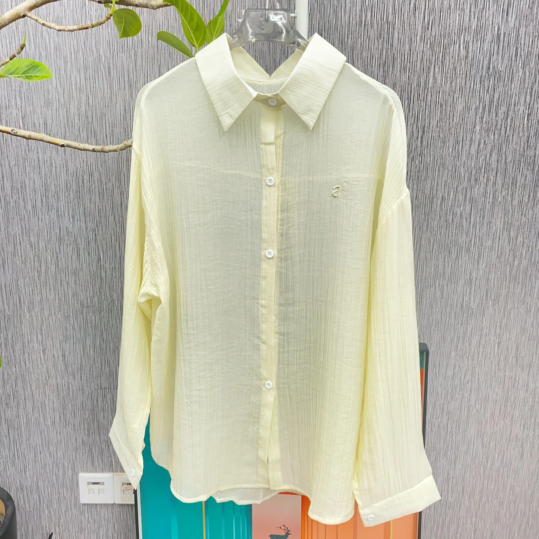 防晒夏季慵懒风薄款衬衫袖衬衫休闲翻领和纸纱美式916#