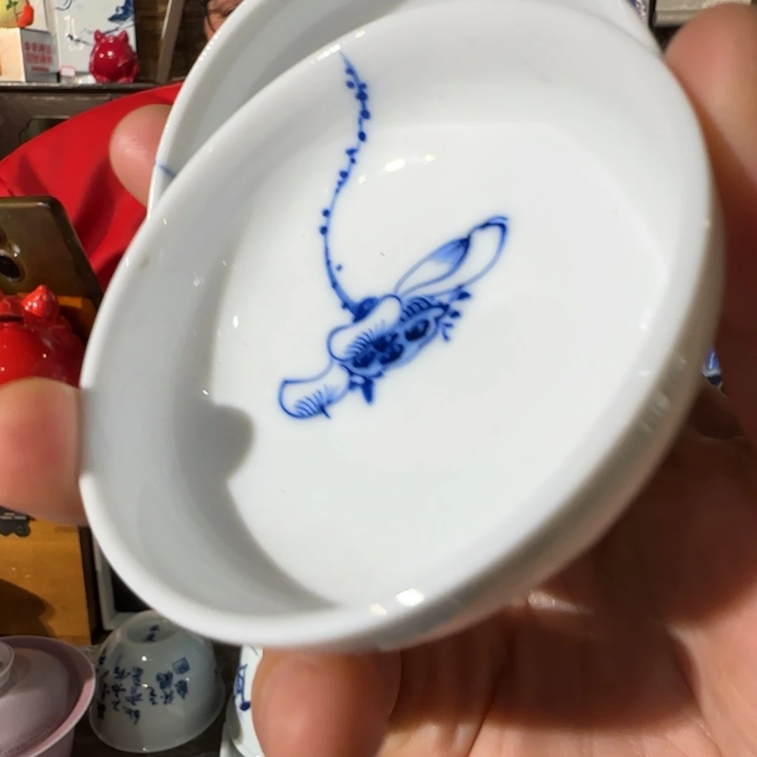 瓷手绘青花荷花普洱杯两个