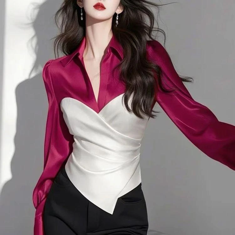 法式气质高级感上衣女2025春装新款独特漂亮玫红色撞色假两件衬衫