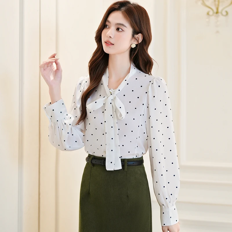 2025秋季新款女装波点蝴蝶结飘带雪纺衫通勤气质衬衫女士上衣小衫