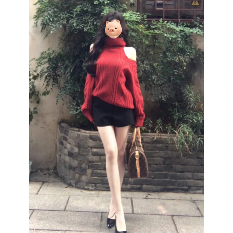 圣诞节氛围感穿搭新年红色高领露肩套头毛衣女秋冬露肩针织衫上衣
