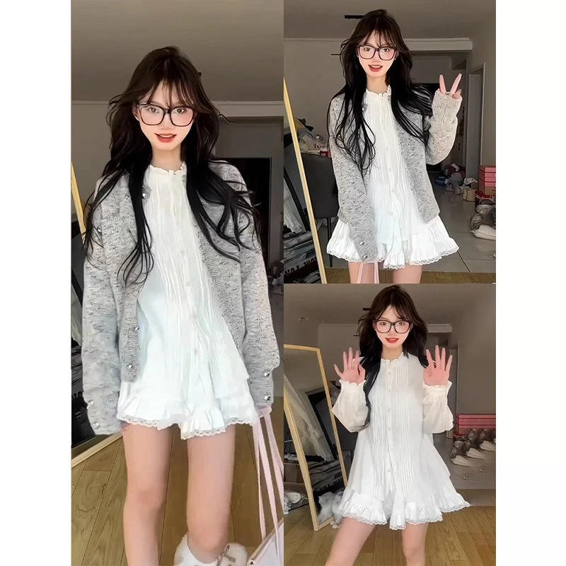 韩系温柔风套装女2025春季新款圆领针织毛衣宫廷风衬衫短裙三件套