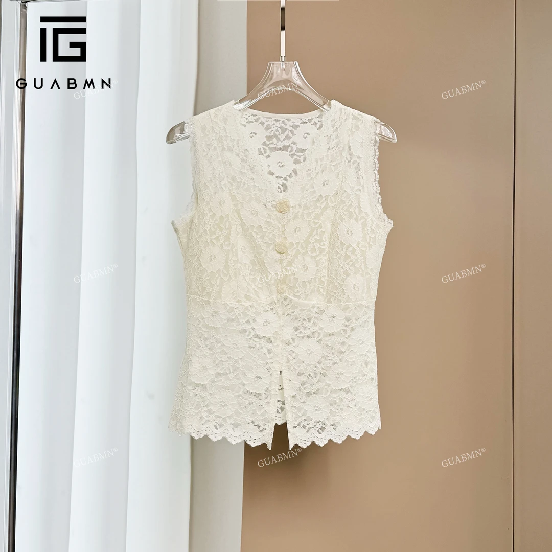 GUABMN2025夏季新款气质V领镂空蕾丝收腰背心3939