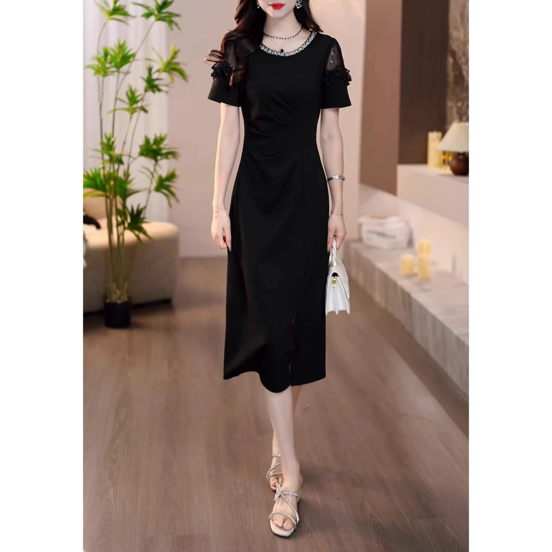百搭优雅圆领减龄中长款时尚长裙2025夏季新款短袖显白气质连衣裙
