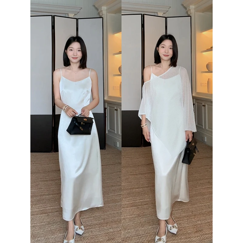 郭九九呢 法式优雅气质显瘦吊带裙连衣裙斜肩针织罩衫 G925A08103
