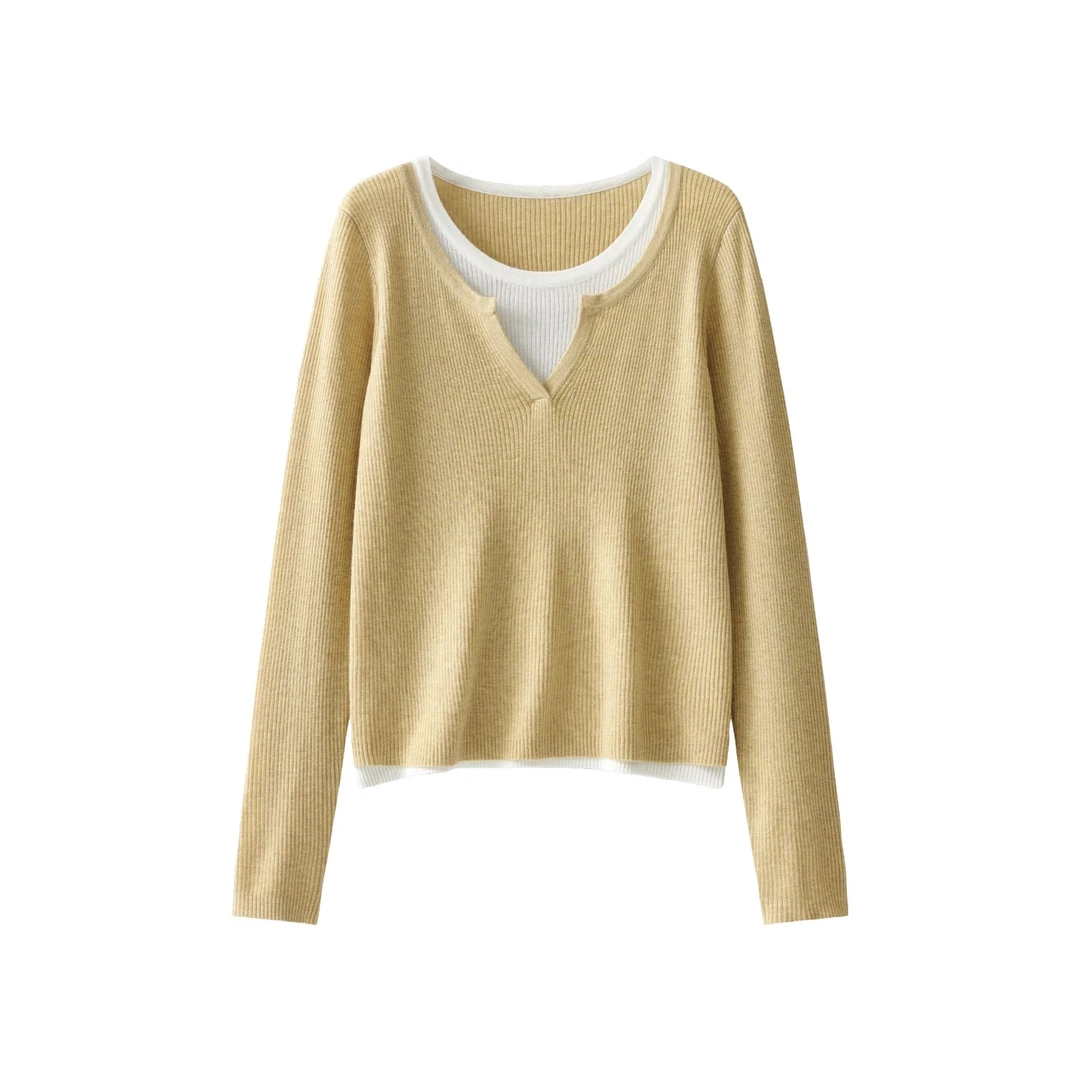 设计感黄色针织毛衣上衣春装新款修身内搭针织衫