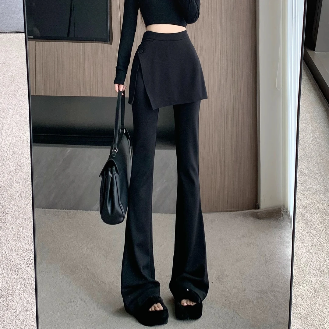 设计感假两件微喇叭裙裤女春季2025新款时尚高腰显瘦休闲拖地长裤
