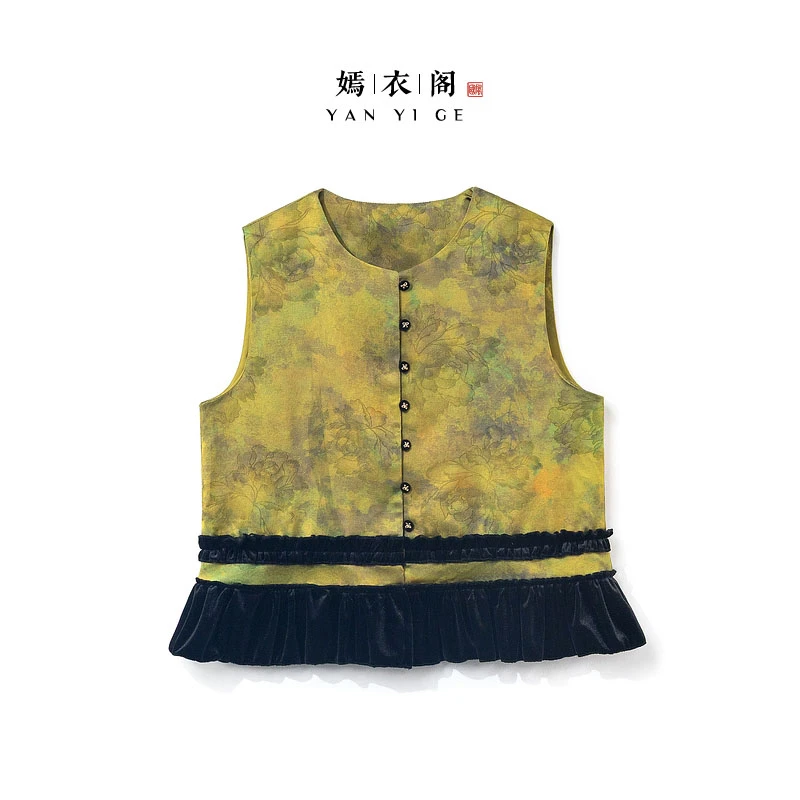 【春妍】2025新款马甲女新中式宽松圆领拼色提花高级感丝绒上衣马夹