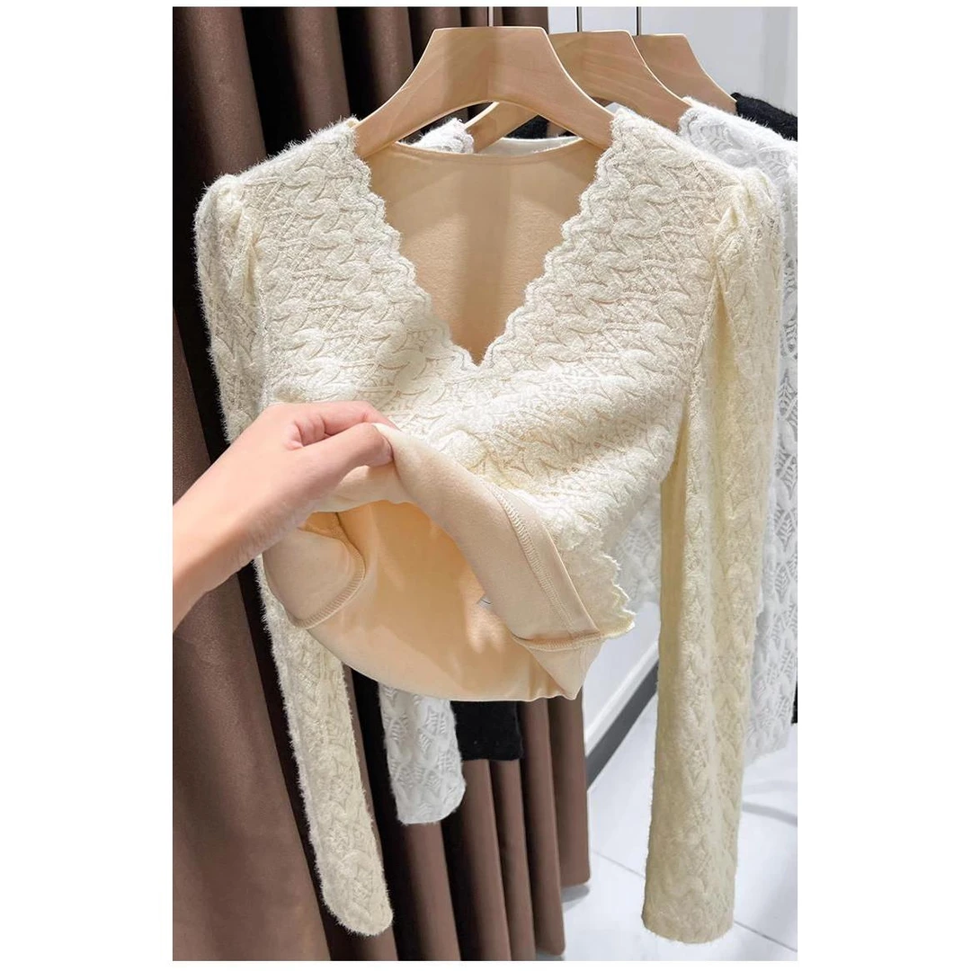 【双层原版广州蕾丝面料加绒】加绒蕾丝修身上衣秋冬新款保暖打底