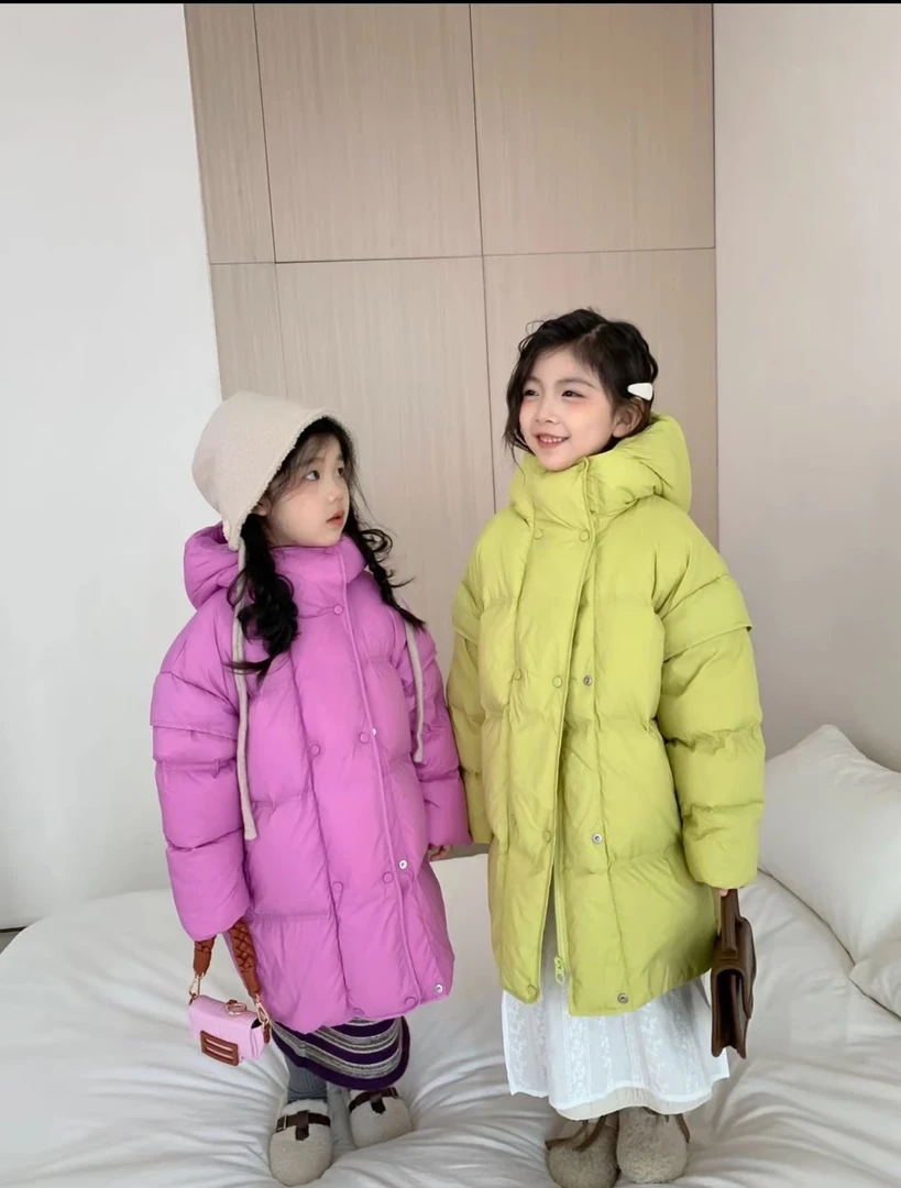 女童中长款防寒服2024新款洋气儿童百搭冬季加厚连帽保暖外套