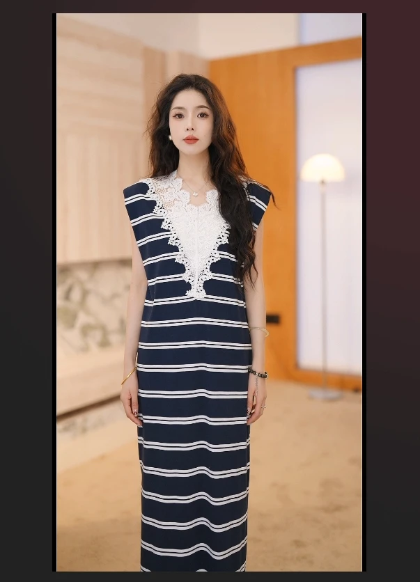 V领中长款拼接气质显瘦连衣裙条纹时尚无袖夏季001