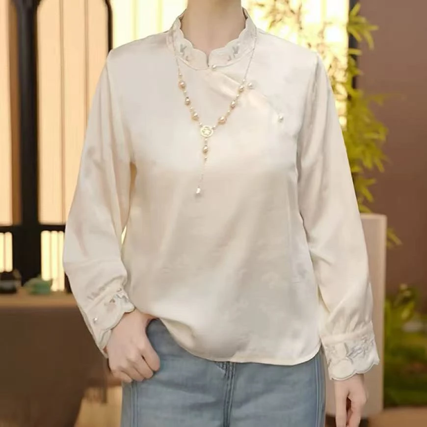 秋季新中式立领时尚拼接刺绣衬衫上衣显瘦百搭打底小衫
