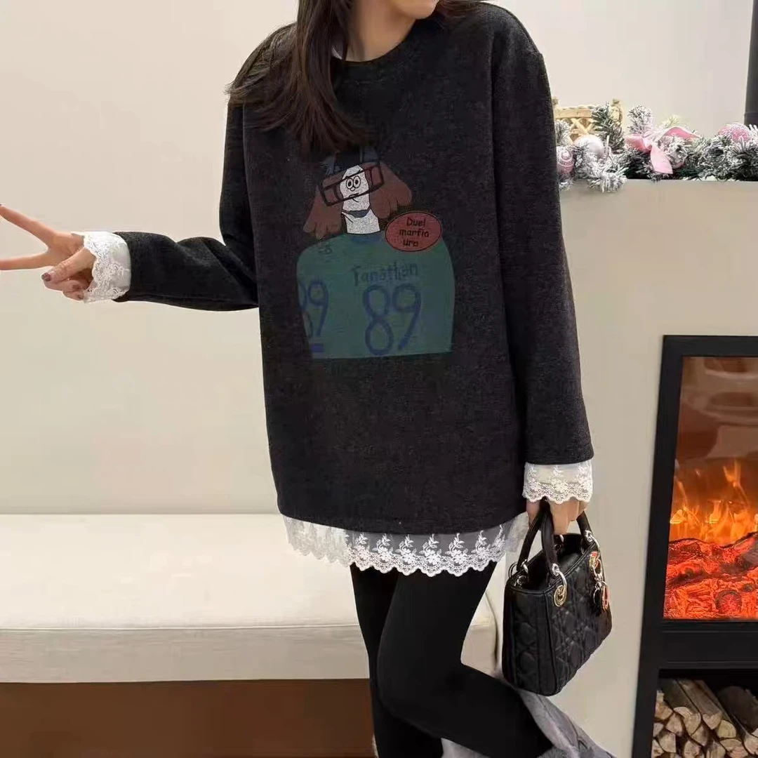 大码设计感蕾丝花边拼接长袖T恤女胖MM早春季宽松中长款圆领卫衣