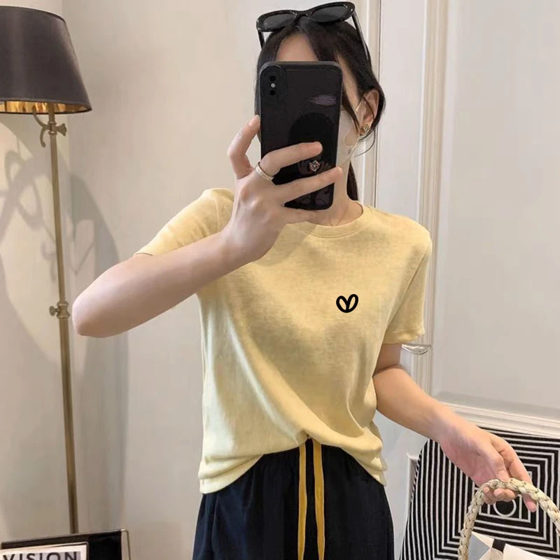 夏季热卖款黄色t恤女圆领雪花棉短袖韩系休闲高级感优质正肩显瘦