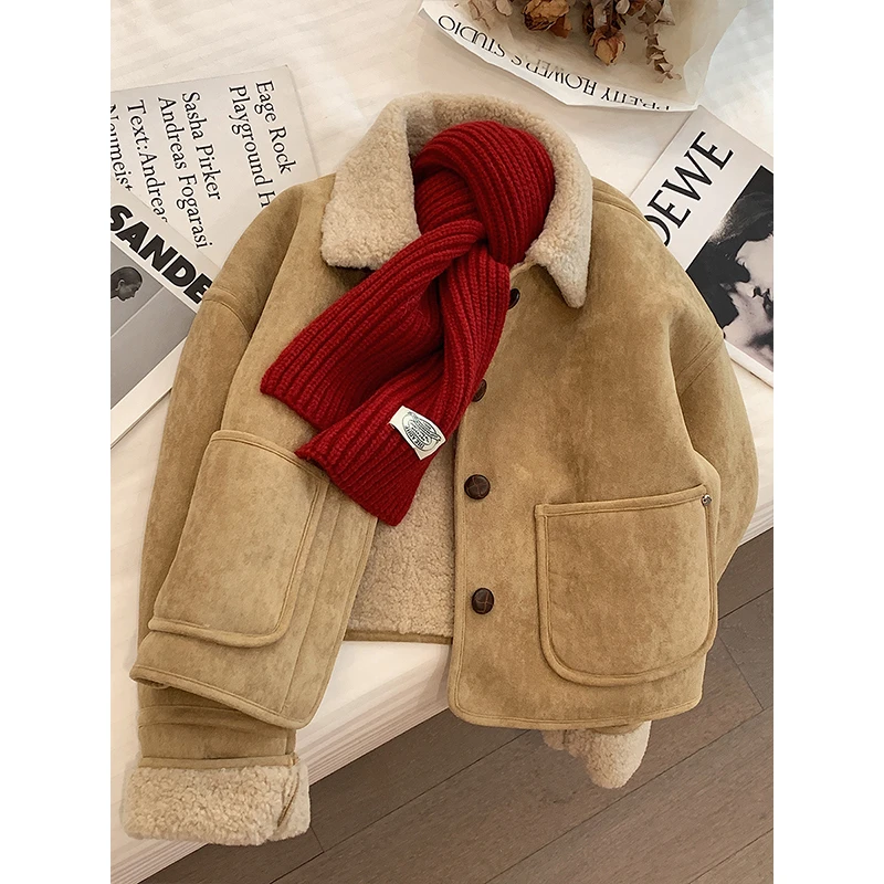 高级感卡其色保暖外套女秋季短款韩系宽松加厚小个子皮毛一体夹克