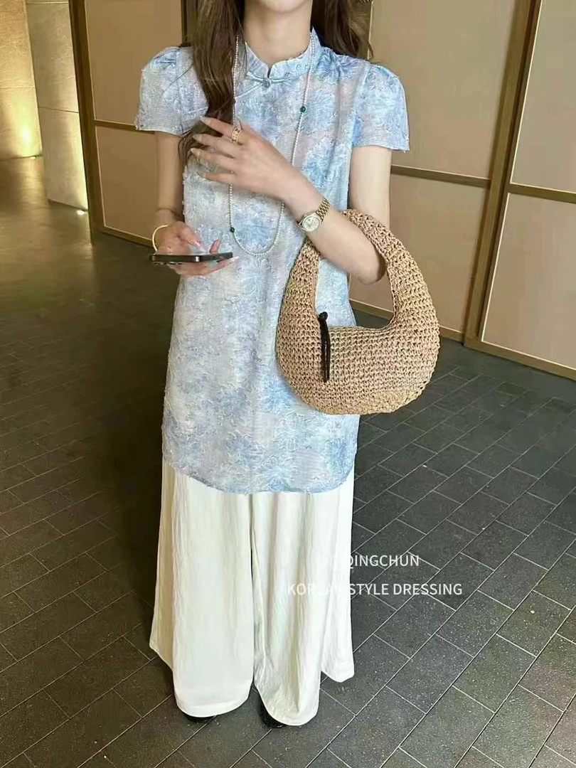 立领套头常规刺绣短袖夏季衬衫蕾丝女装宽松复古国风上衣