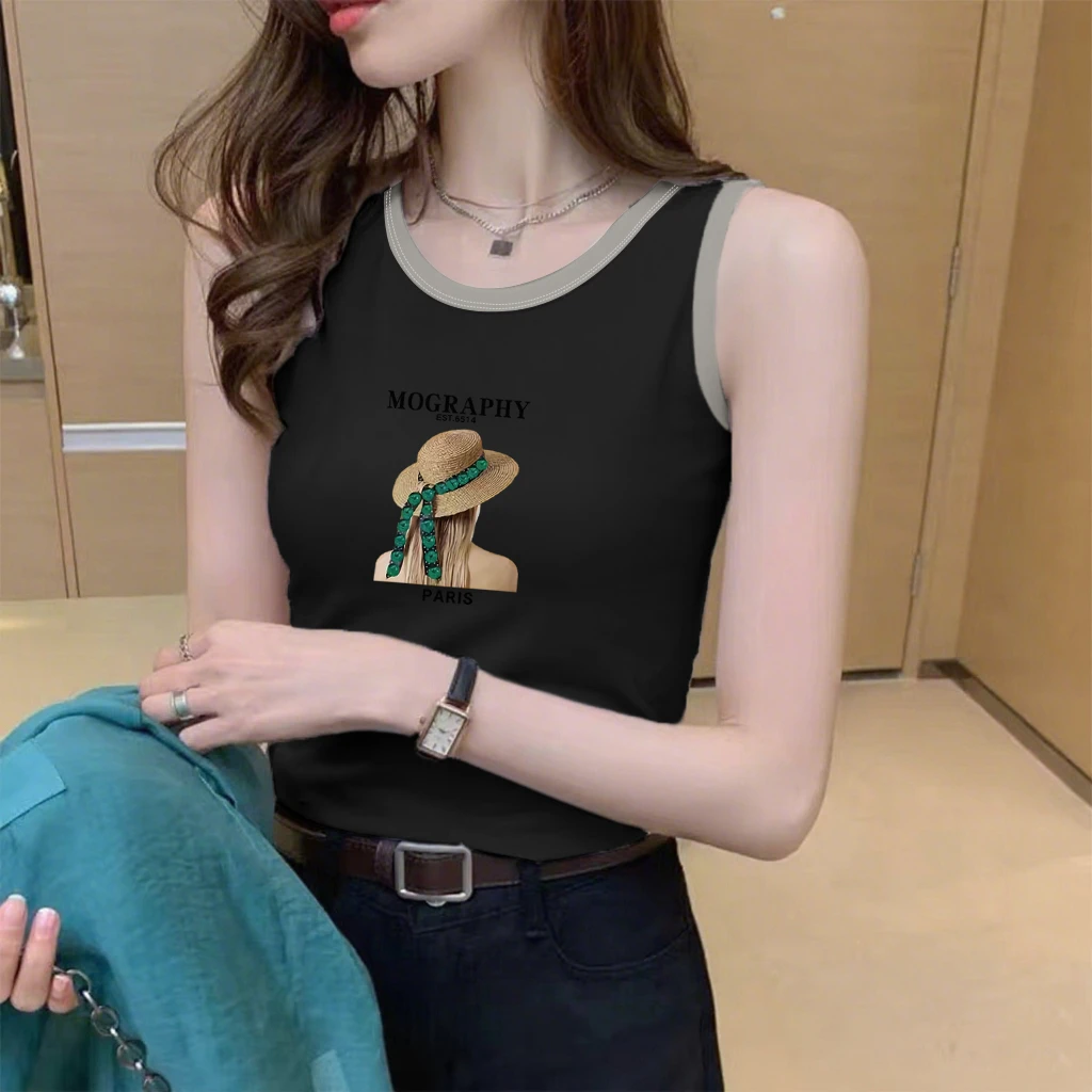 100%纯棉洋气背心短袖修身女背心外穿高档无袖拼接上衣女背心打底