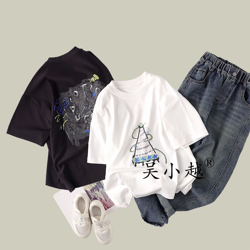 吴小越w1473男童夏款圆领宽松无感数码印花冰感棉t恤短袖中大童
