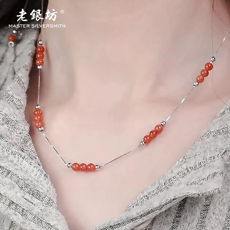 s925银 南红 珠珠锁骨链 小众珠宝饰品 0021392