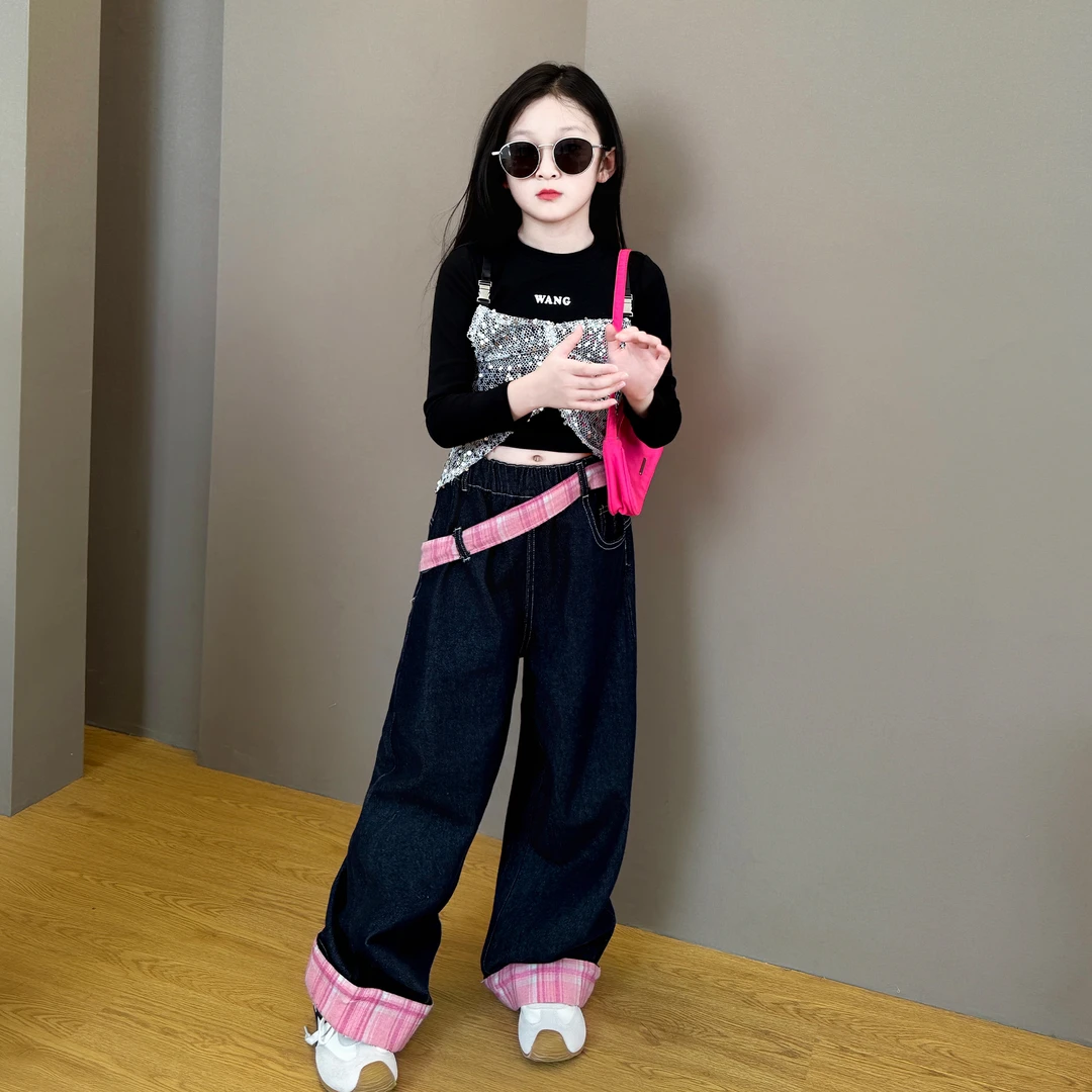 女童2025新款韩版春秋季时尚休闲吊带长袖翻脚口宽松牛仔裤套装潮