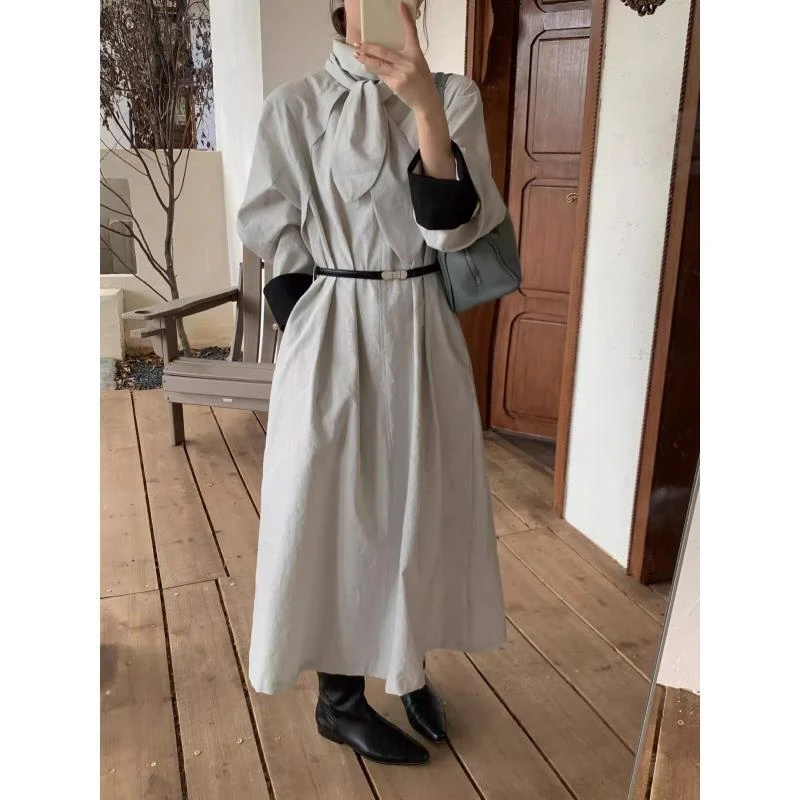 韩系高级感气质立领系带风衣连衣裙女秋季休闲收腰宽松长款裙子