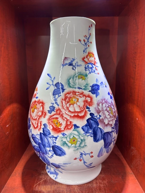 釉下彩绘牡丹花鸟福筒花瓶白瓷陶瓷工艺品瓷瓶复古精美