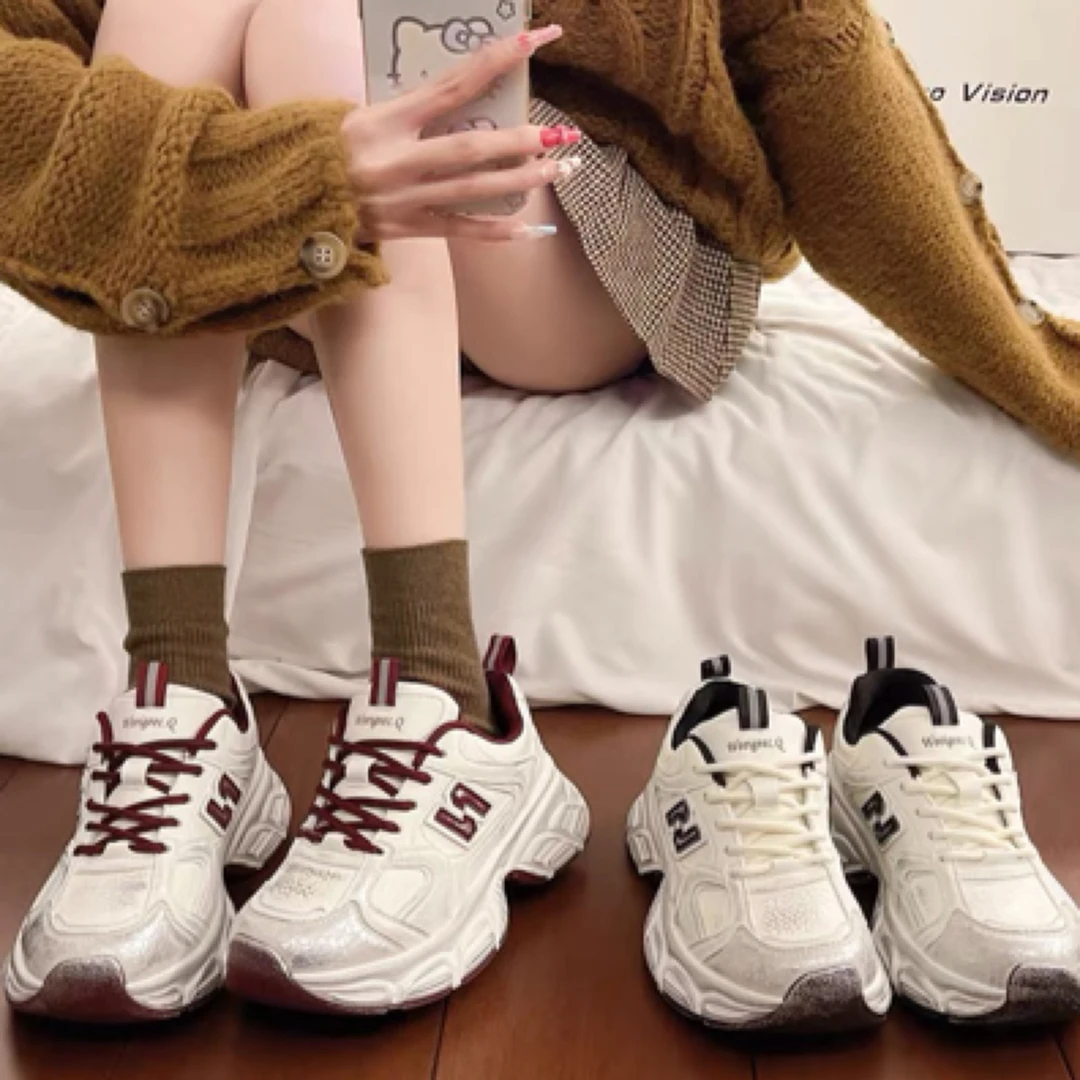 做旧擦色厚底老爹鞋女款2025春秋新款百搭轻便增高洋气休闲运动鞋
