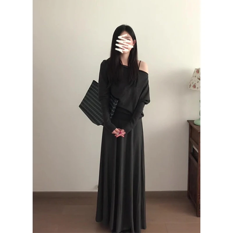 2025春季新款女法式气质露肩长袖针织上衣垂坠感高腰显瘦半身裙