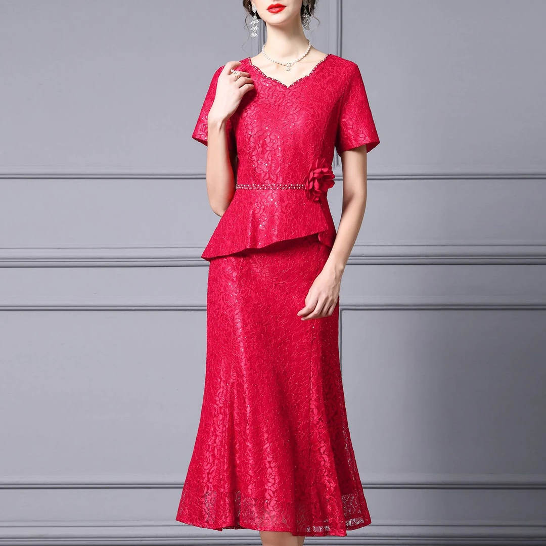 轻正式场合端庄连衣裙夏2025新款宴会红色假两件长款鱼尾裙晚礼服