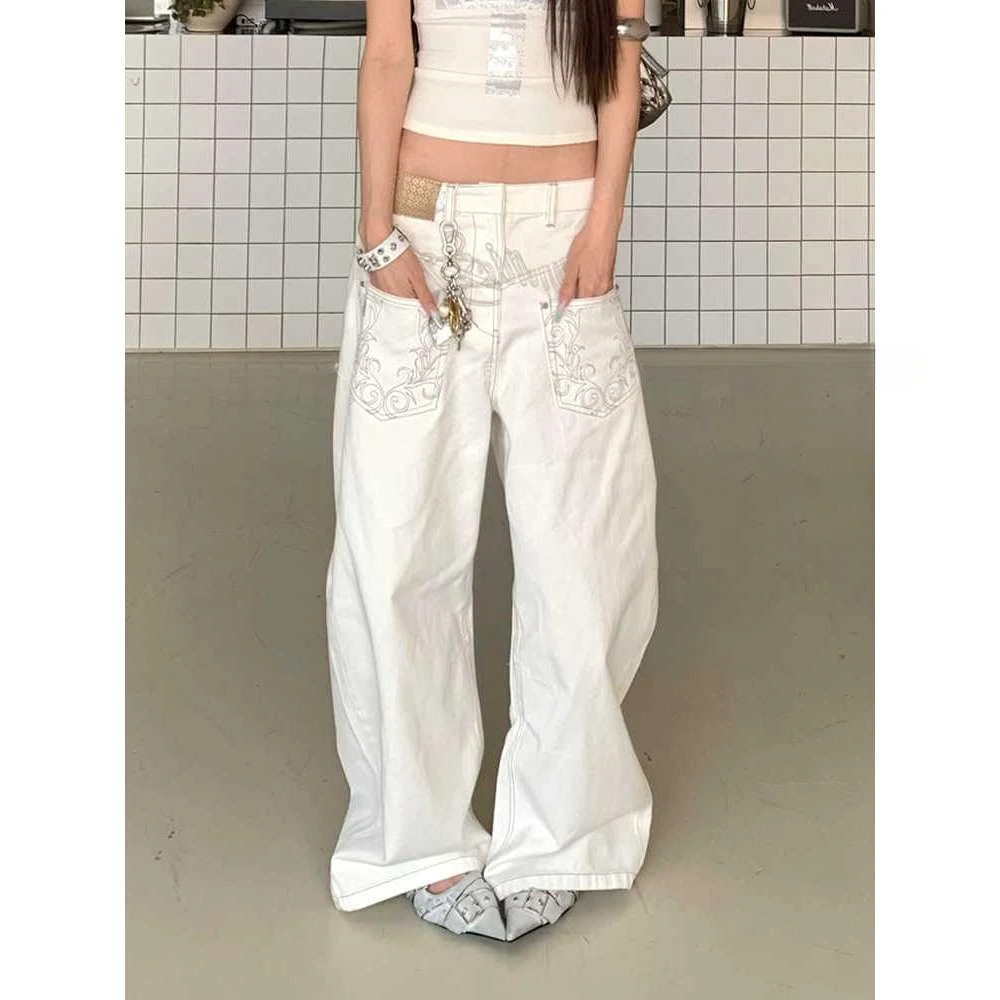元素美式复古刺绣白色弯刀牛仔裤男女新款街头亚比朋克宽松阔腿长