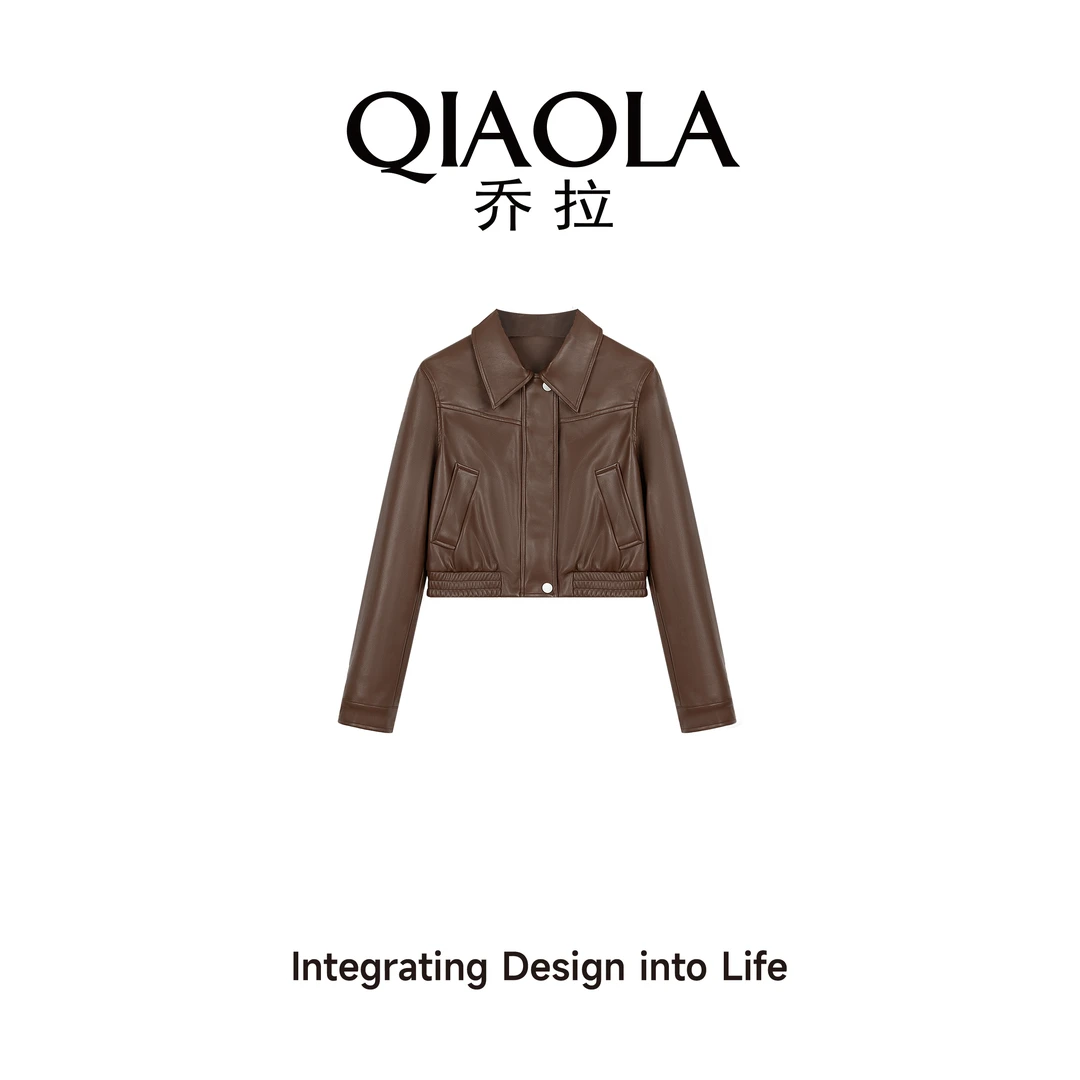 QIAOLA/乔拉【松香栗子】早春皮革翻领街头复古百搭减龄短外套预售