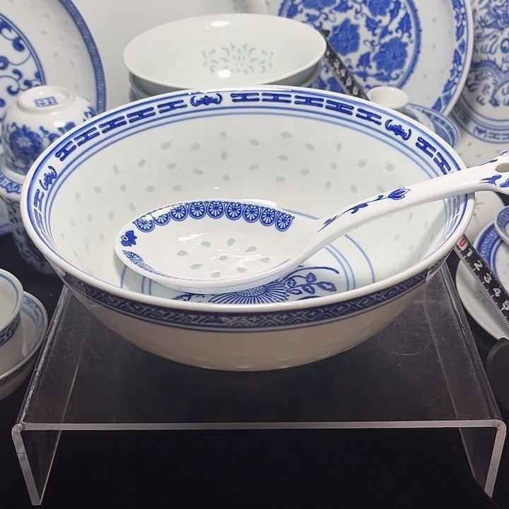 碗南**人青花玲珑八寸兰花汤碗3个加一个茶花大汤勺