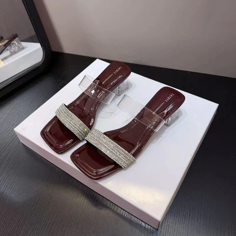 【3公分】方头水钻露趾透明漆皮时尚2025夏季粗跟透明水晶拖鞋女