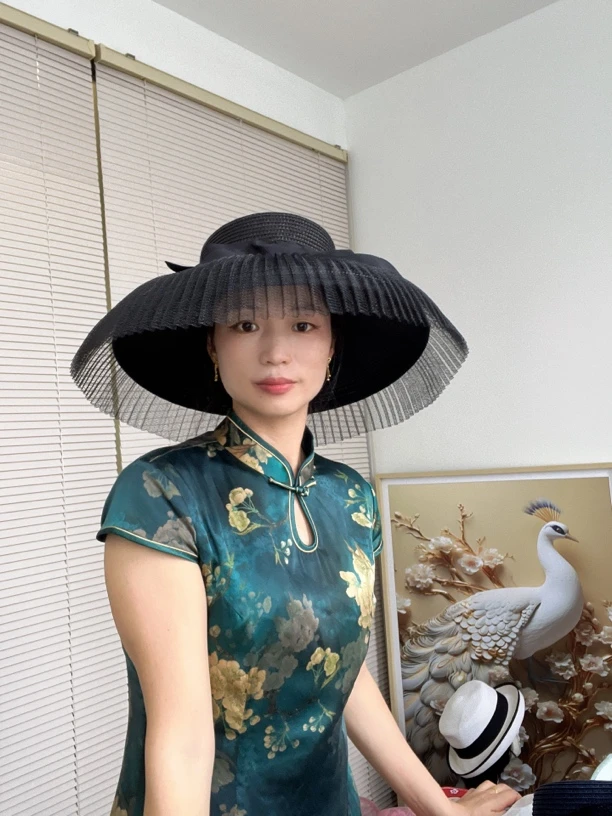 遮阳帽帽子女时尚中式大边女帽优雅双层裙边渔夫帽黑色大檐复古