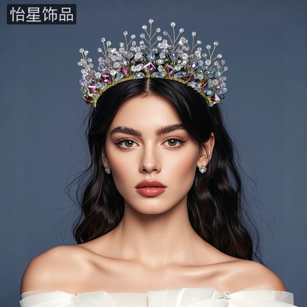 怡星闪亮彩色水晶皇冠发饰公主风生日舞台表演配饰纯手工编织A314