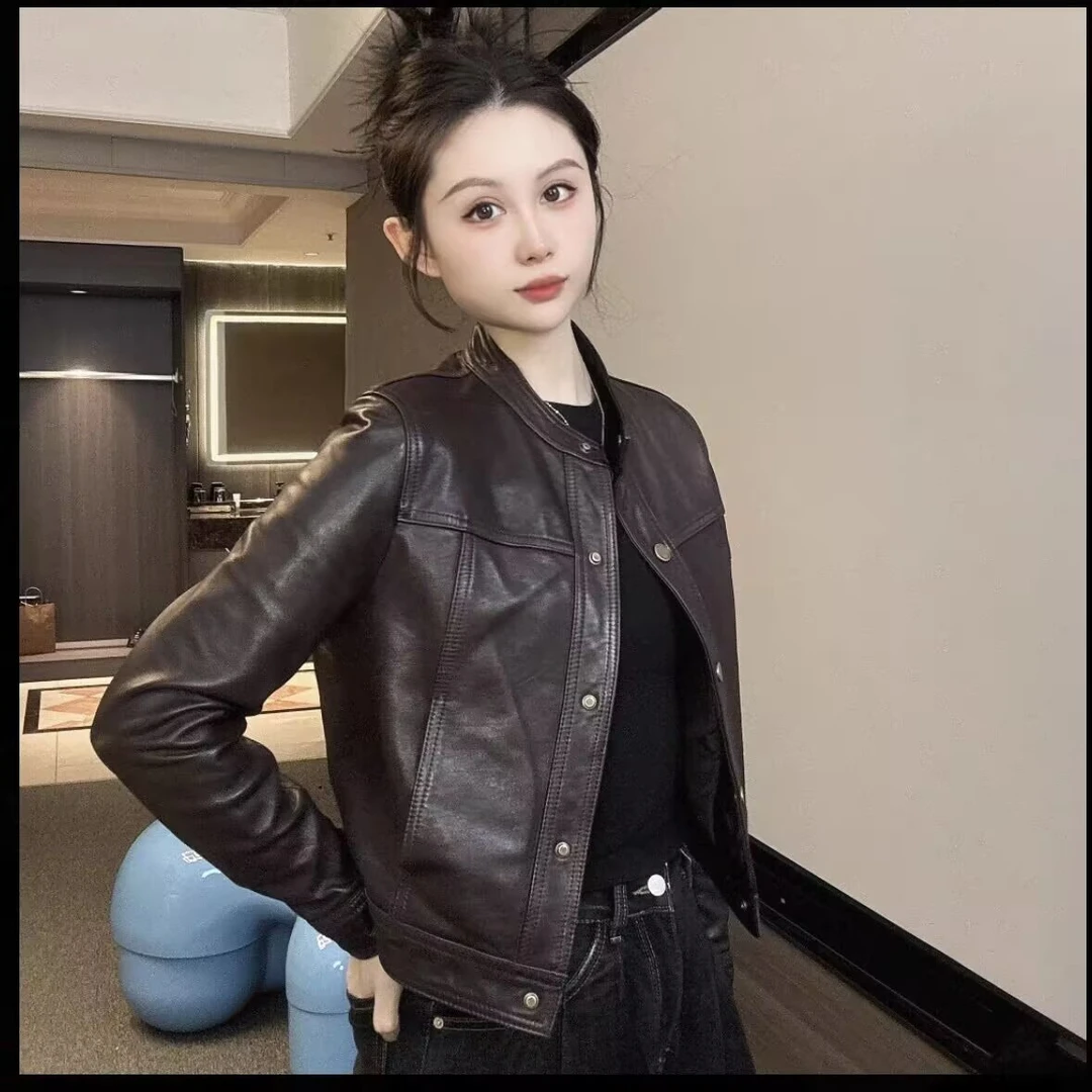 T短款复古港风女士夏季皮衣立领休闲欧若假日风百搭时尚春秋网红