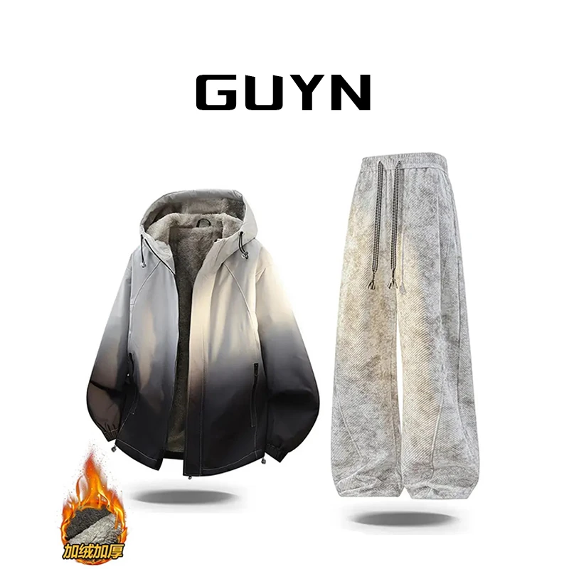 【品牌正品现货】GUYN加绒加厚保暖外套男款秋冬季潮流休闲夹克套装