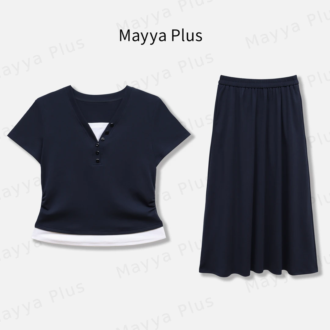 【曼乐之城】Mayya Plus麦芽定制v领短袖休闲半身裙套装32526939AB