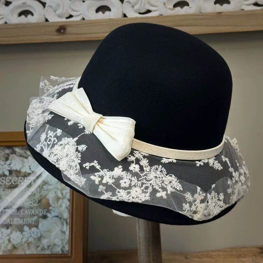 零点兰花秋冬法式赫本风毛呢帽子女蕾丝刺绣宽檐优雅蝴蝶结遮阳帽