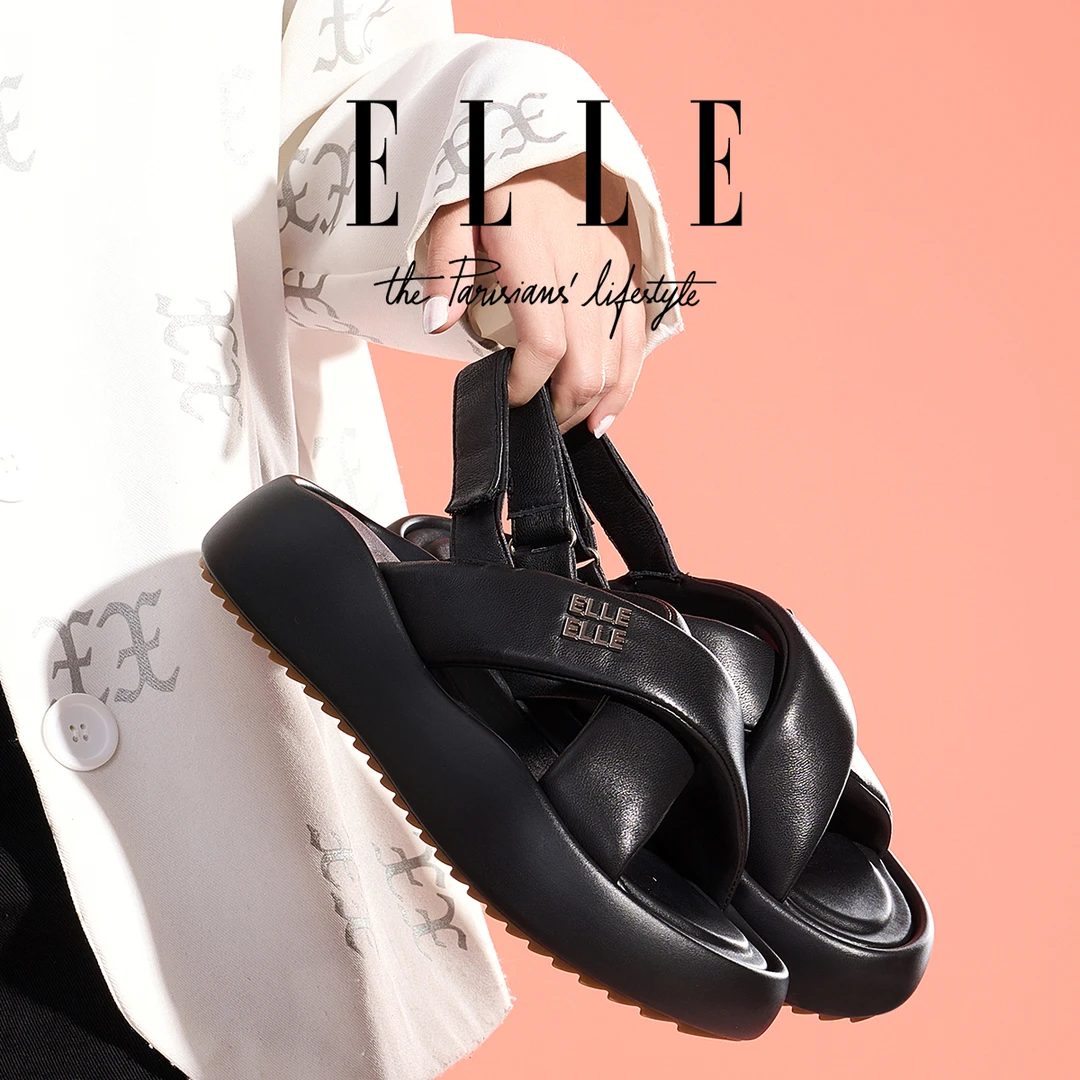 ELLE真皮露趾凉鞋女2025新款沙滩厚底交叉轻便舒适休闲百搭罗马鞋