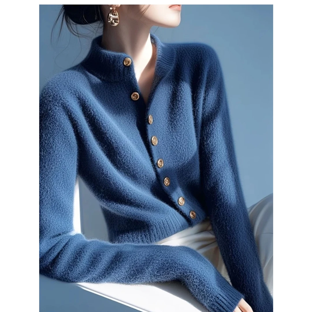 蓝色半高领软糯开衫女冬季新款今年流行韩系慵懒内搭针织衫潮