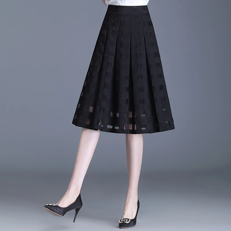 欧根纱半身裙女百褶裙中长款2025年春秋新款高腰a字裙黑色伞裙子