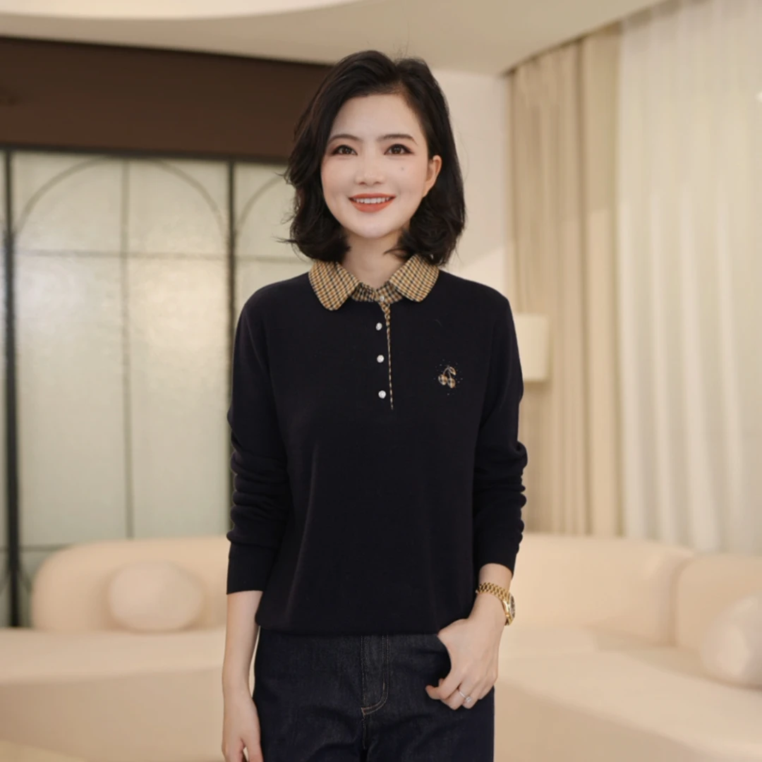 【纯羊毛】枫竺阿楠anan气质格纹Polo领针织衫女秋季出游穿搭毛衣