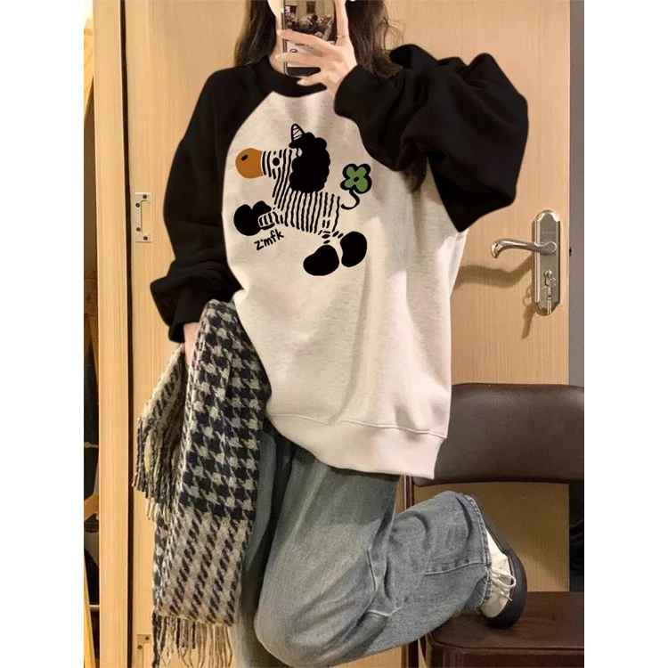 特大码300斤卡通斑马学院风拼色插肩袖卫衣男女秋冬宽松显瘦上衣