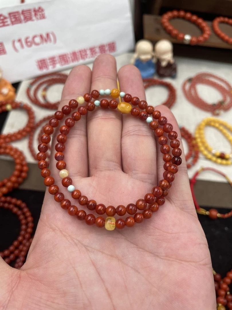 南红火焰红双圈蜜蜡枣珠精美设计手串QF-B118