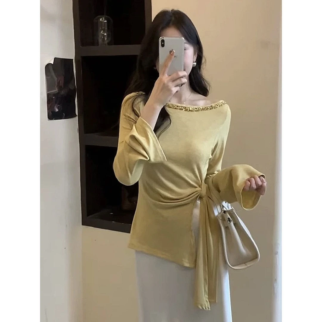 H-2025春季纯欲风不规则侧开叉收腰修身百搭显瘦长袖T恤女7633#