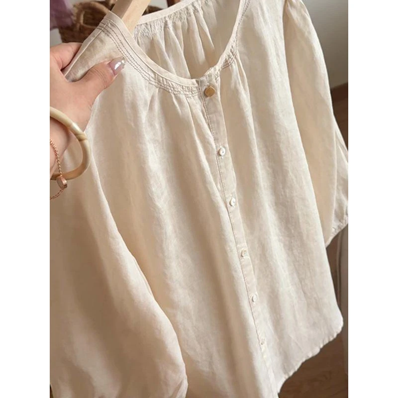 好穿！巨有质感！文艺复古灯笼袖杏色衬衫女夏季小个子宽松排扣上衣