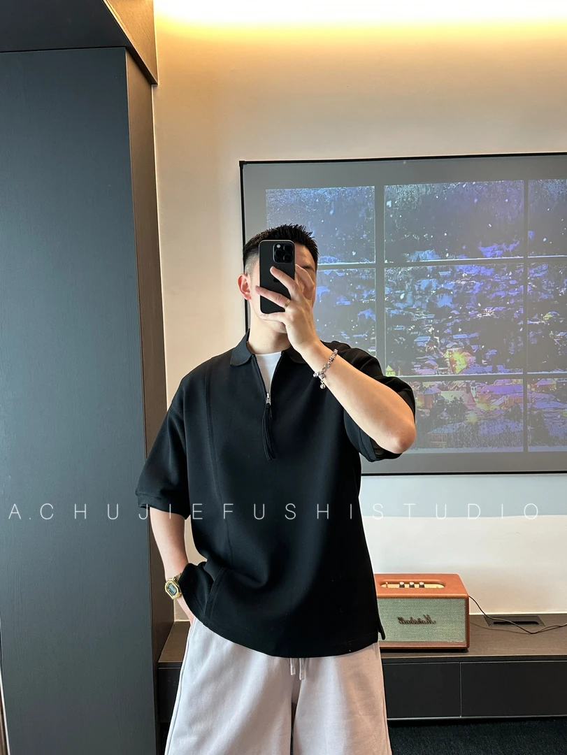 CHUJIE美式休闲半拉链翻领衫polo衔接肌理感宽松短袖TEE